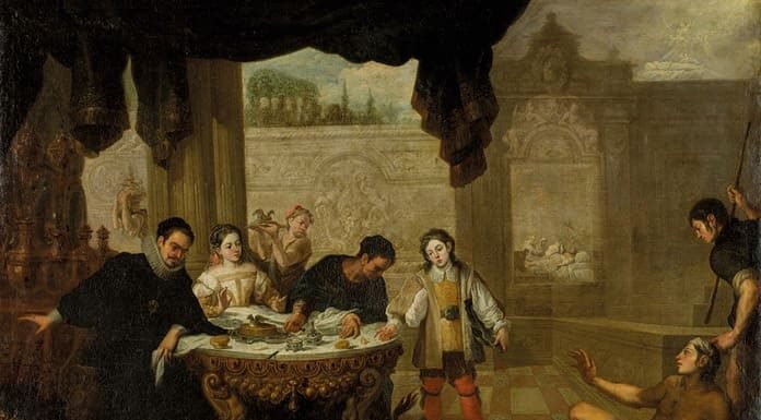 La Iglesia, como su fundador, se ha dedicado a hacer el bien Pintura barroca que representa la parábola del rico Epulón y el pobre Lázaro, resaltando el contraste social y espiritual entre ambos.