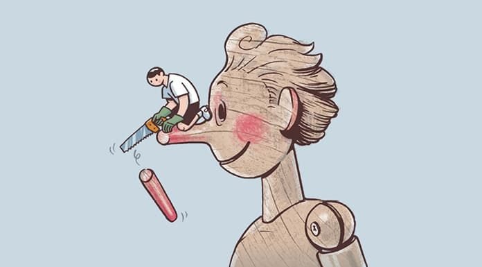 ¿Todo es igual? ¿Nada es mejor? Persona serruchando la nariz de un muñeco de madera, símbolo del rechazo a la mentira