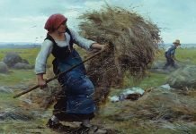 Santificar el trabajo de cada día Campesina elevando heno con una horquilla en un campo, símbolo del esfuerzo cotidiano y la dignidad del trabajo