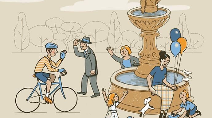 El agua que riega el bosque de la convivencia Ilustración de un bosque metafórico que representa la convivencia y la importancia del respeto como agua que lo nutre.