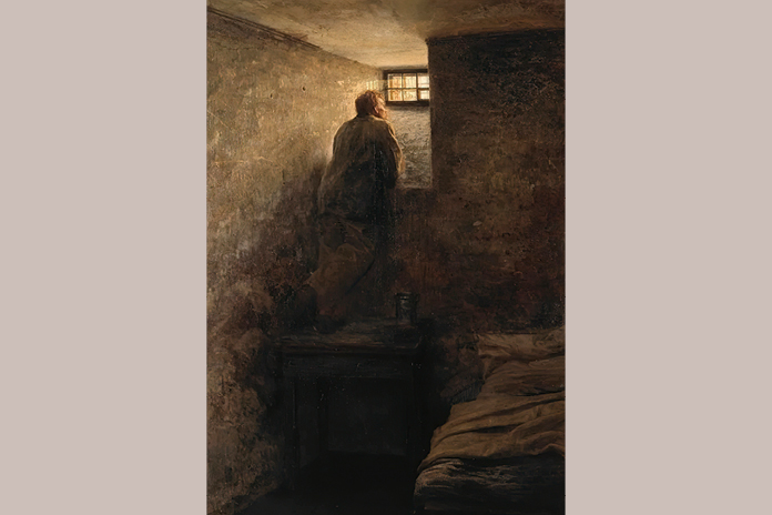 “El prisionero”, Nikolai A. Yaroshenko, 1878. Pintura “El prisionero” de Yaroshenko que muestra a un hombre encarcelado mirando la luz que entra por una ventana.