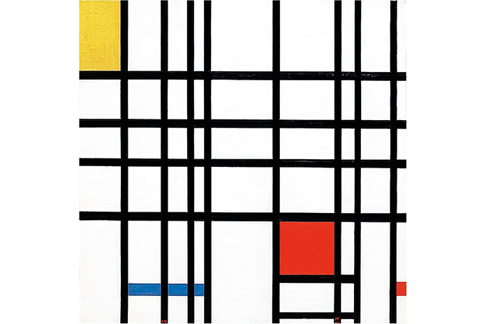 Cuadro abstracto de Mondrian con líneas negras y bloques de color amarillo, azul y rojo.