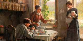 Abrir las puertas del corazón Pintura Caridad de Daniel Ridgway Knight con una madre y su hija recibiendo hospitalidad y comida en un hogar