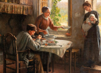 Abrir las puertas del corazón Pintura Caridad de Daniel Ridgway Knight con una madre y su hija recibiendo hospitalidad y comida en un hogar
