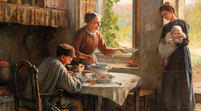 Abrir las puertas del corazón Pintura Caridad de Daniel Ridgway Knight con una madre y su hija recibiendo hospitalidad y comida en un hogar