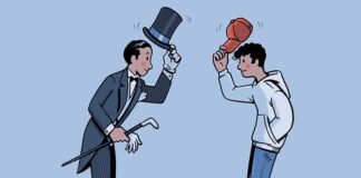 El suavizante de la convivencia Ilustración de un señor con chistera y un joven vestido informal saludándose con cortesía