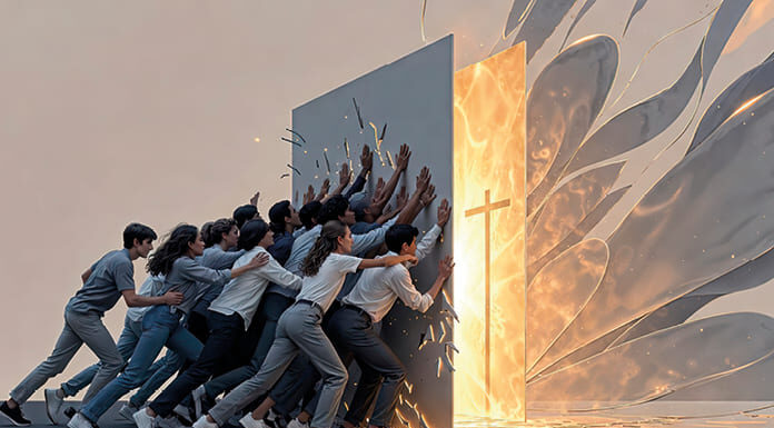 Lo católico, ¿gira? Jóvenes de la generación Z empujando un muro, símbolo de ruptura del tabú sobre Dios