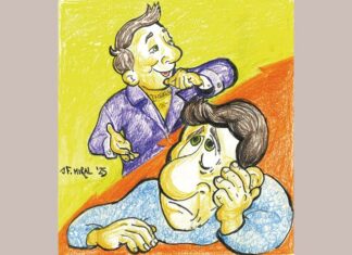 Hay que buscarla Ilustración de F. Miral sobre la búsqueda de la suerte y la actitud positiva ante la vida