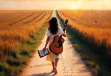 Crecí de la mano de una Biblia y una guitarra Joven caminando por un sendero entre campos con una guitarra y una Biblia en la mano, imagen que evoca la vocación de cantautora cristiana