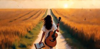 Crecí de la mano de una Biblia y una guitarra Joven caminando por un sendero entre campos con una guitarra y una Biblia en la mano, imagen que evoca la vocación de cantautora cristiana