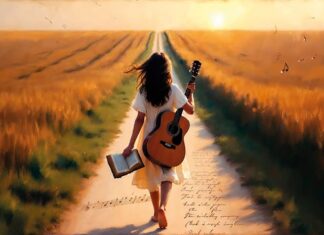 Crecí de la mano de una Biblia y una guitarra Joven caminando por un sendero entre campos con una guitarra y una Biblia en la mano, imagen que evoca la vocación de cantautora cristiana