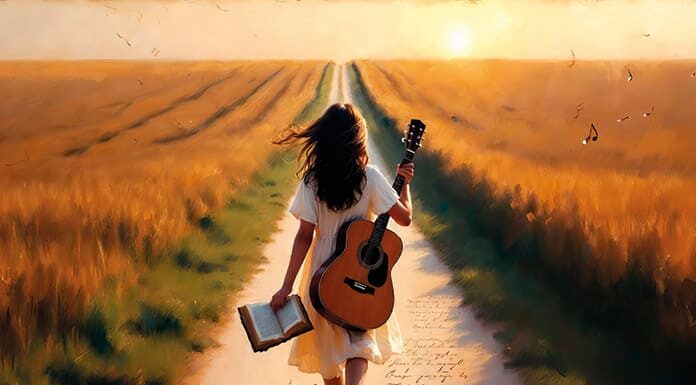 Crecí de la mano de una Biblia y una guitarra Joven caminando por un sendero entre campos con una guitarra y una Biblia en la mano, imagen que evoca la vocación de cantautora cristiana