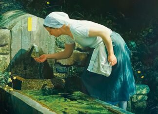 Un oasis en medio del desierto Saciará su gran sed siempre sentida, pintura de Isabel Guerra (2014), que representa a una mujer bebiéndose en una fuente en actitud de recogimiento