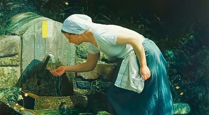 Un oasis en medio del desierto Saciará su gran sed siempre sentida, pintura de Isabel Guerra (2014), que representa a una mujer bebiéndose en una fuente en actitud de recogimiento