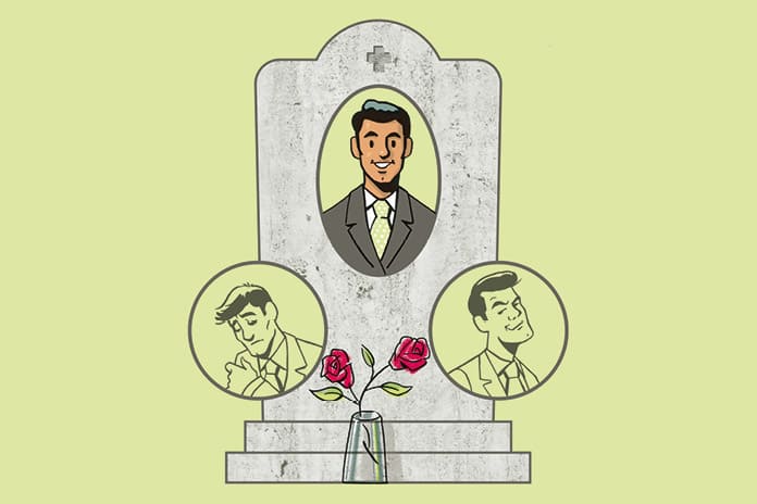Ilustración sobre el legado personal y la humildad Dibujo de una lápida con dos opciones sobre cómo ser recordado, ilustración de José Miguel de la Peña